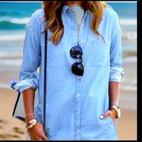 Demin Beach Collar Button Up Roll Up Sleeves Long Dress Shirt - Picture 7 of 9
